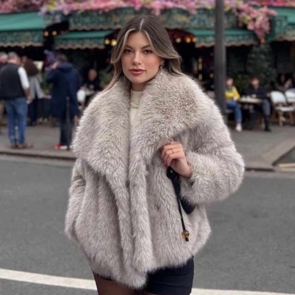 ZARA FAUX FUR SHORT COAT ZW COLLECTION SMALL TAUPE GRAY 4369/248 WINTER